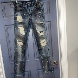Embellish NYC Bob Distressed Blue Jeans with Paint Splatter Size 28 28x33 NWT